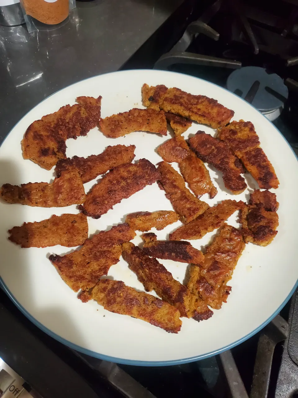 cripsy strips of seitan gryo 'meat'. By Chris P.